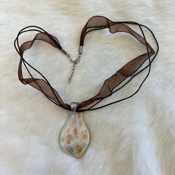 BEautiful Blue Brown Dot Dichroic Fused Glass Pendant 19" Necklace 12532 - Picture 8 of 8